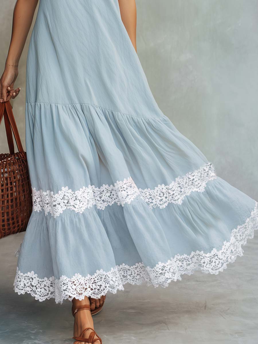 Boho Vacation Style Lace Trim Light Blue Cotton-linen Maxi Dress  - By Qivii