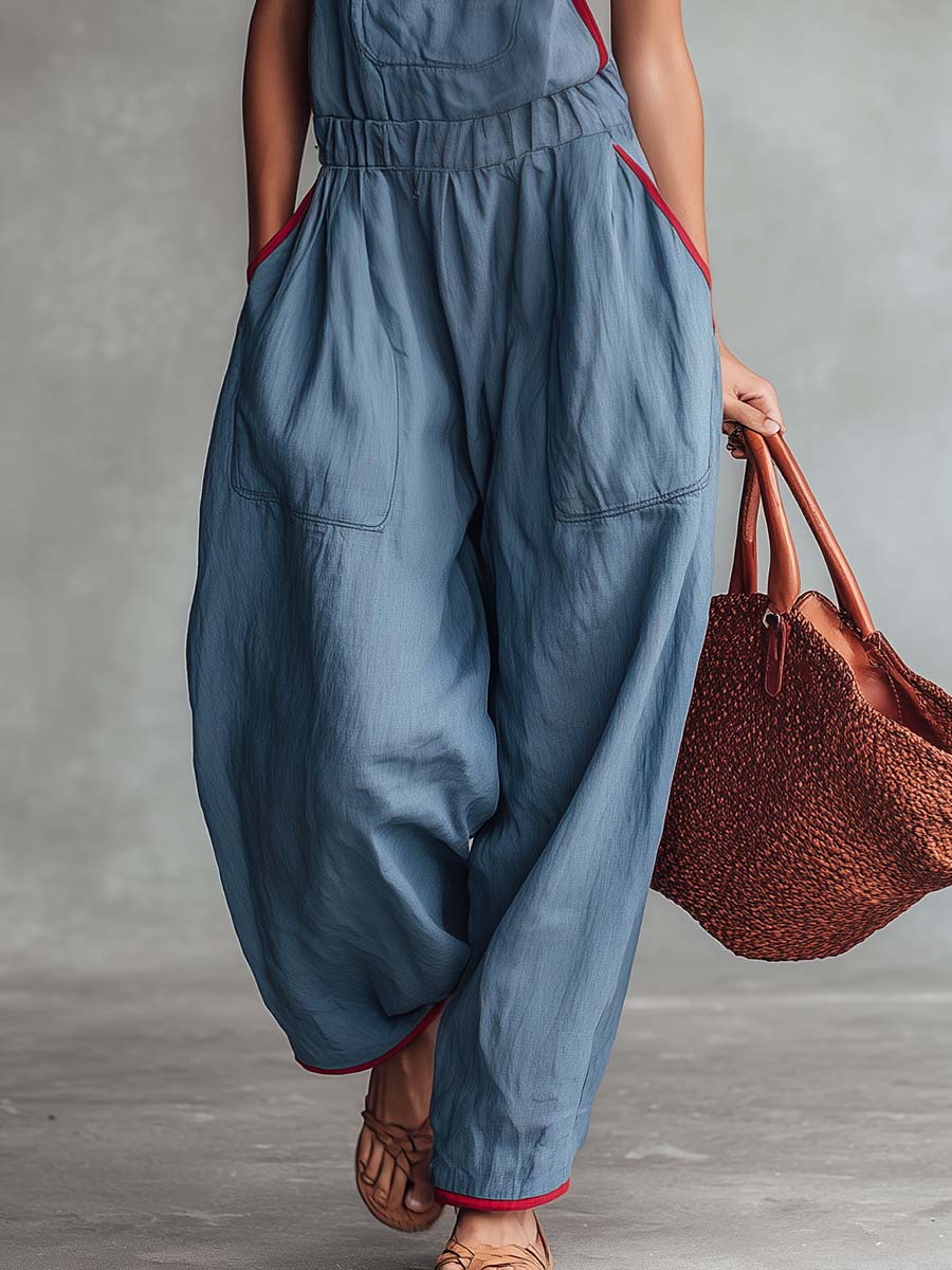 Retro Casual Red Trim V-neck Grey-blue Jumpsuit  - By Qivii