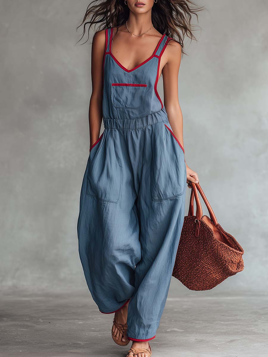 Retro Casual Red Trim V-neck Grey-blue Jumpsuit  - By Qivii
