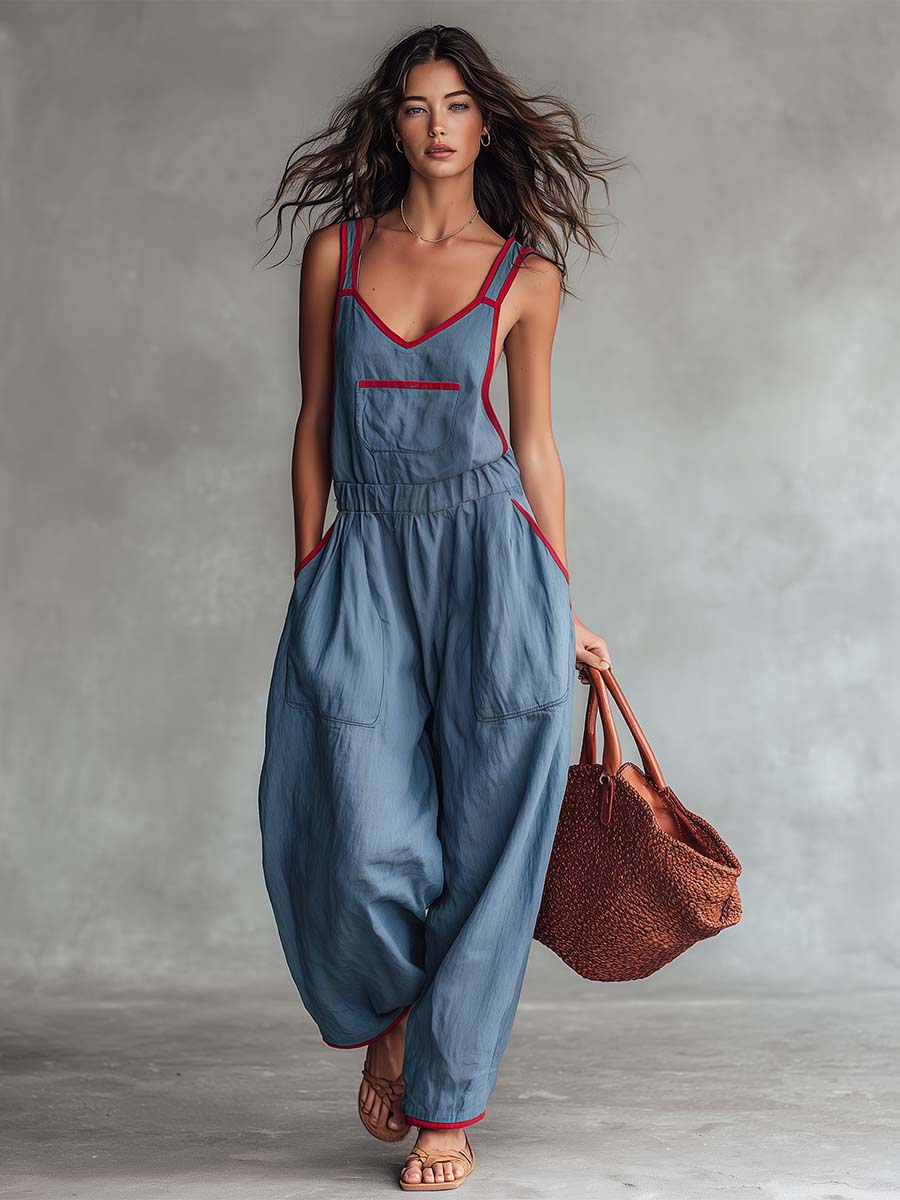 Retro Casual Red Trim V-neck Grey-blue Jumpsuit  - By Qivii