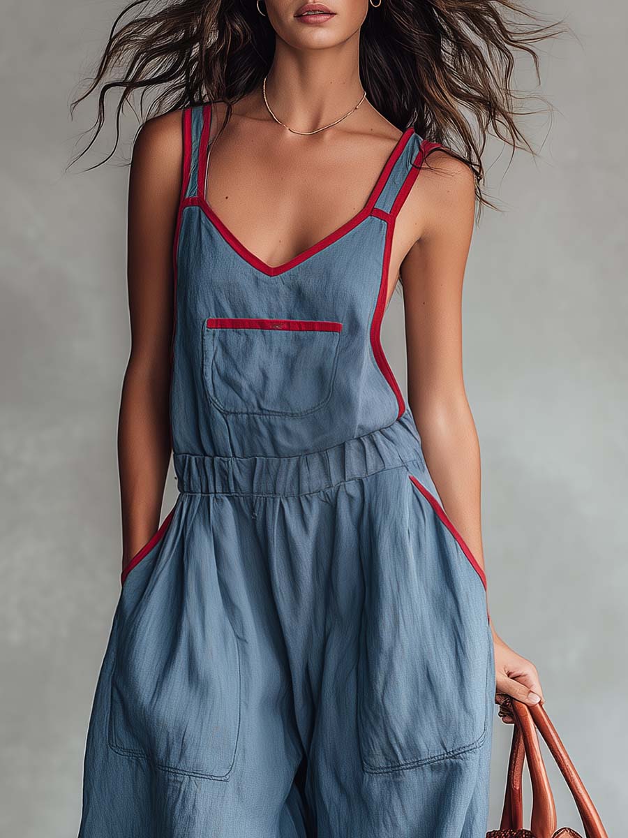 Retro Casual Red Trim V-neck Grey-blue Jumpsuit  - By Qivii