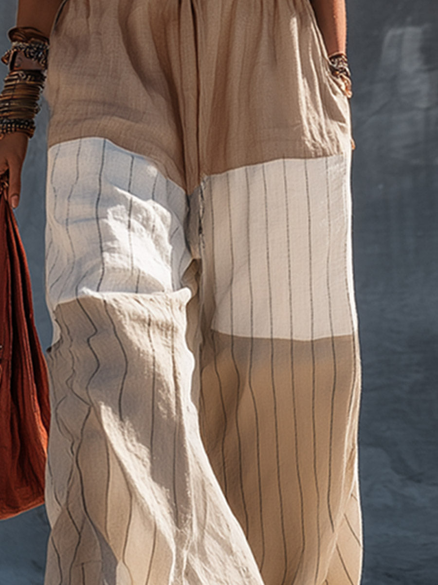 Elegant Casual Khaki Strapless Top And Striped Wide-Leg Pants Cotton-Linen Set  - By Qivii