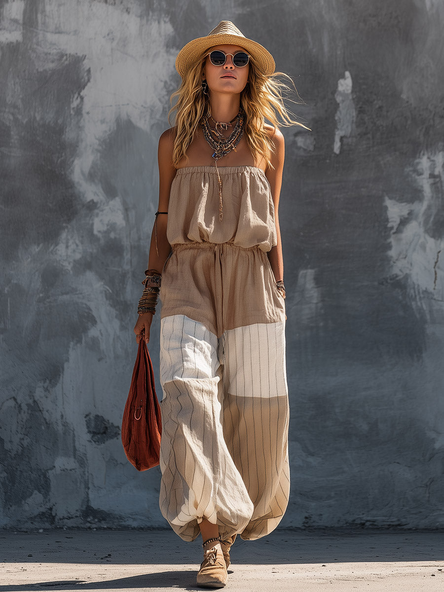 Elegant Casual Khaki Strapless Top And Striped Wide-Leg Pants Cotton-Linen Set  - By Qivii