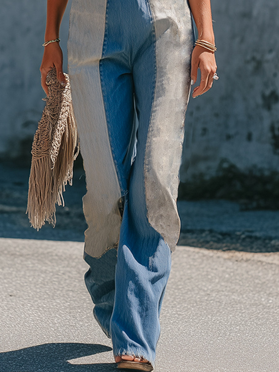 Chic Casual Blue-Grey Color-Block Denim Jumpsuit  - By Qivii