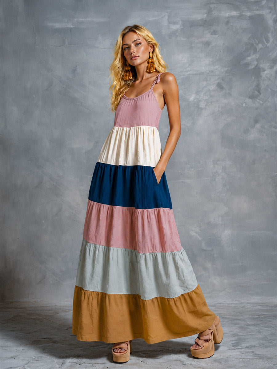 Vintage-style Multicolored Patchwork Cotton-linen Camisole Maxi Dress  - By Qivii