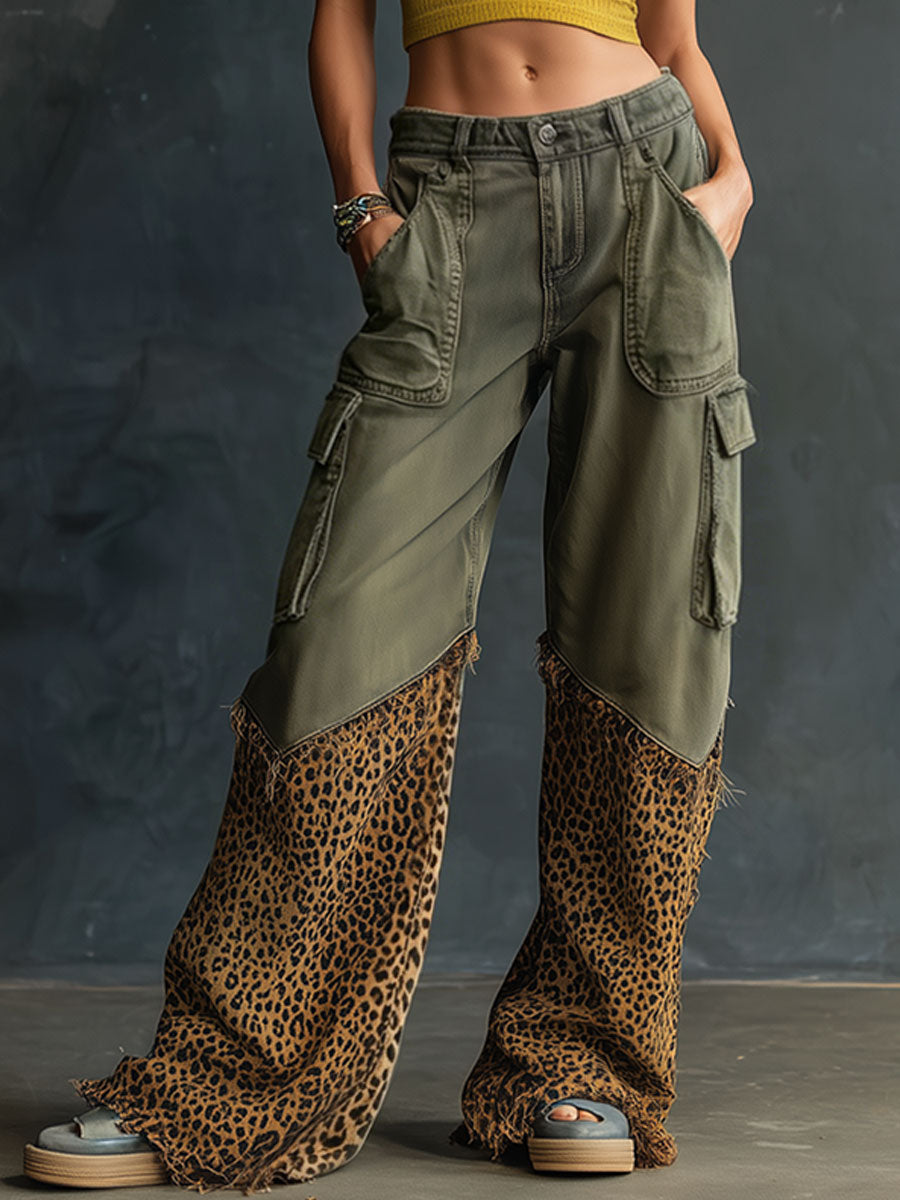 Casual Retro Leopard Print Frayed Army Green Work Jeans  - By Qivii