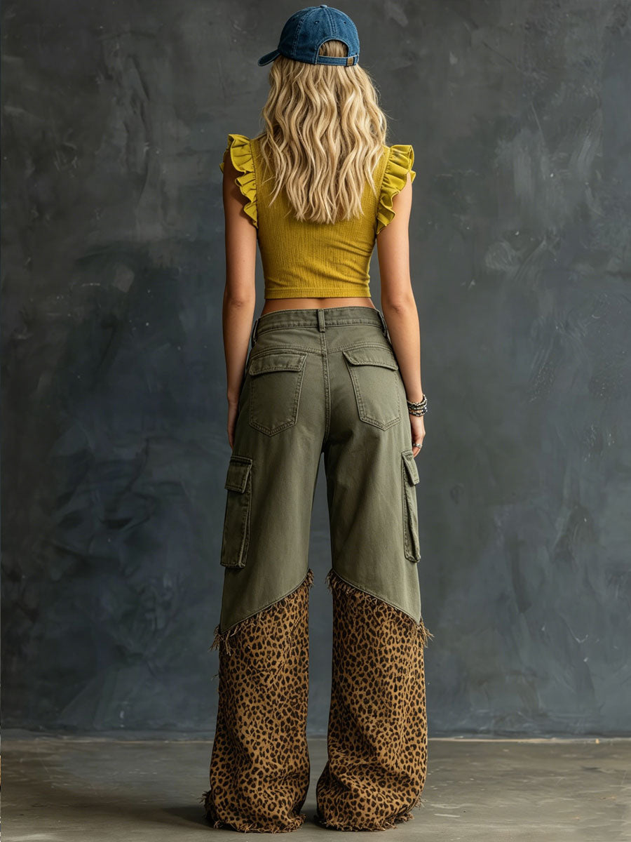 Casual Retro Leopard Print Frayed Army Green Work Jeans  - By Qivii