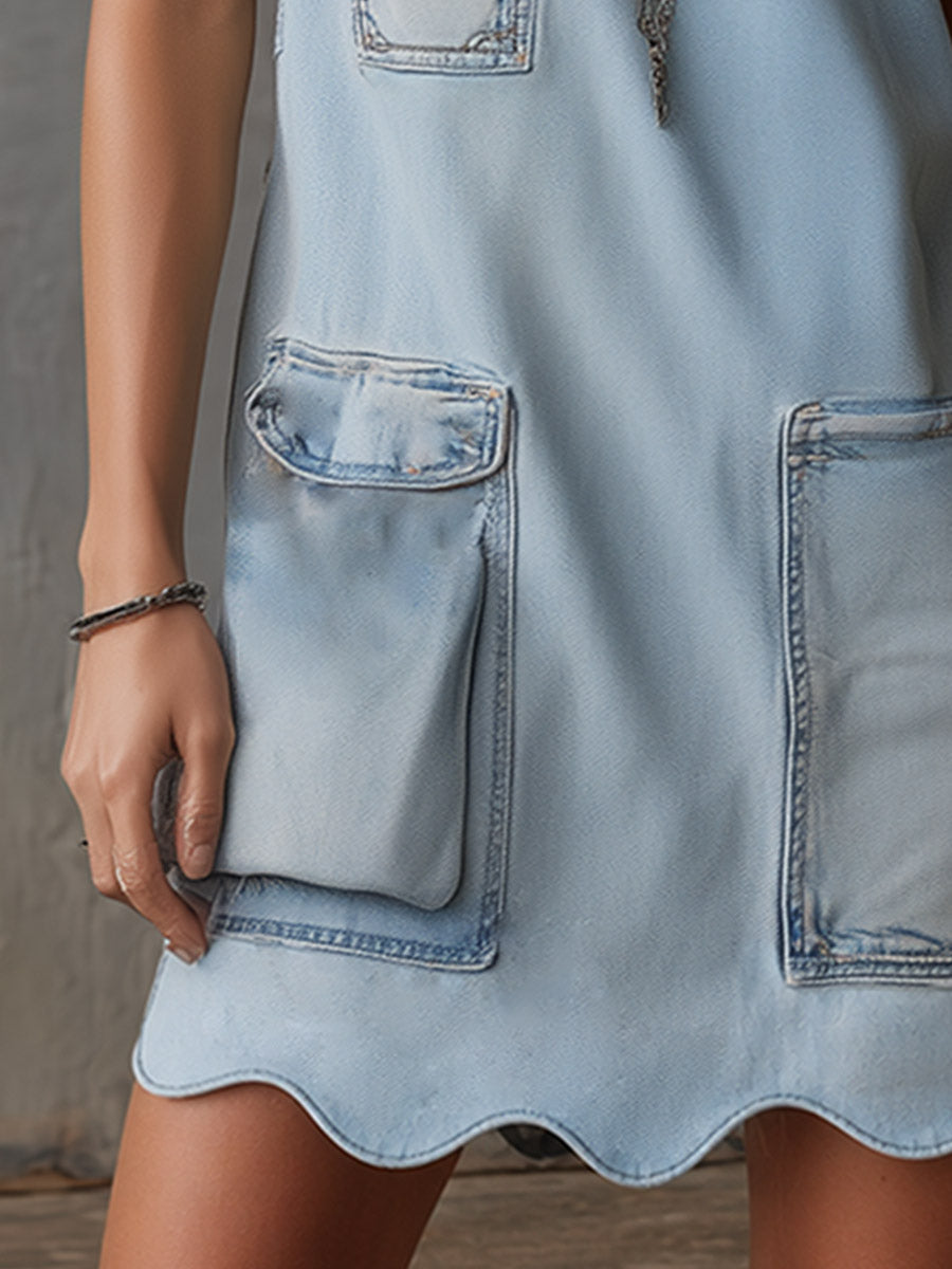 Casual Distinctive Wavy-edge Light Blue Denim Mini Dress  - By Qivii