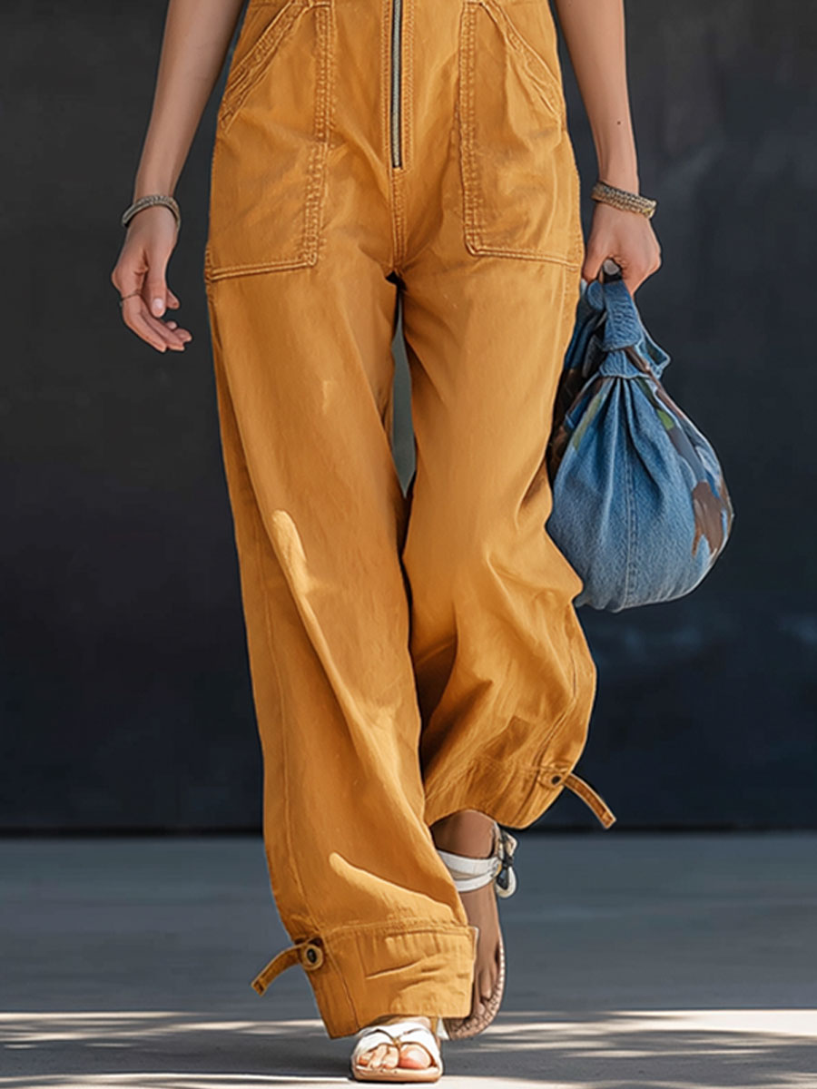 Casual Western Retro Yellow Denim Overalls Zipper Jumpsuit  - By Qivii