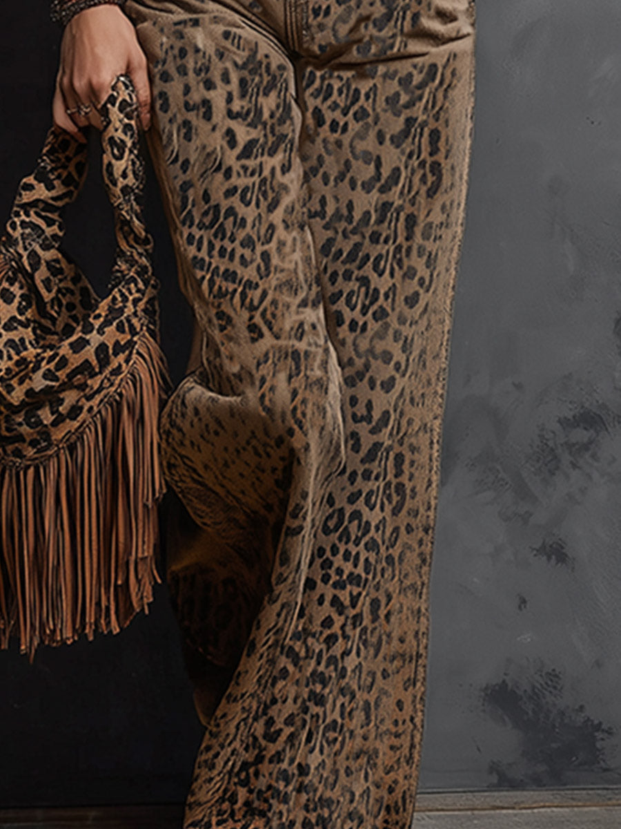 Retro-chic Western-style Light Brown Leopard-print Denim Jumpsuit  - By Qivii