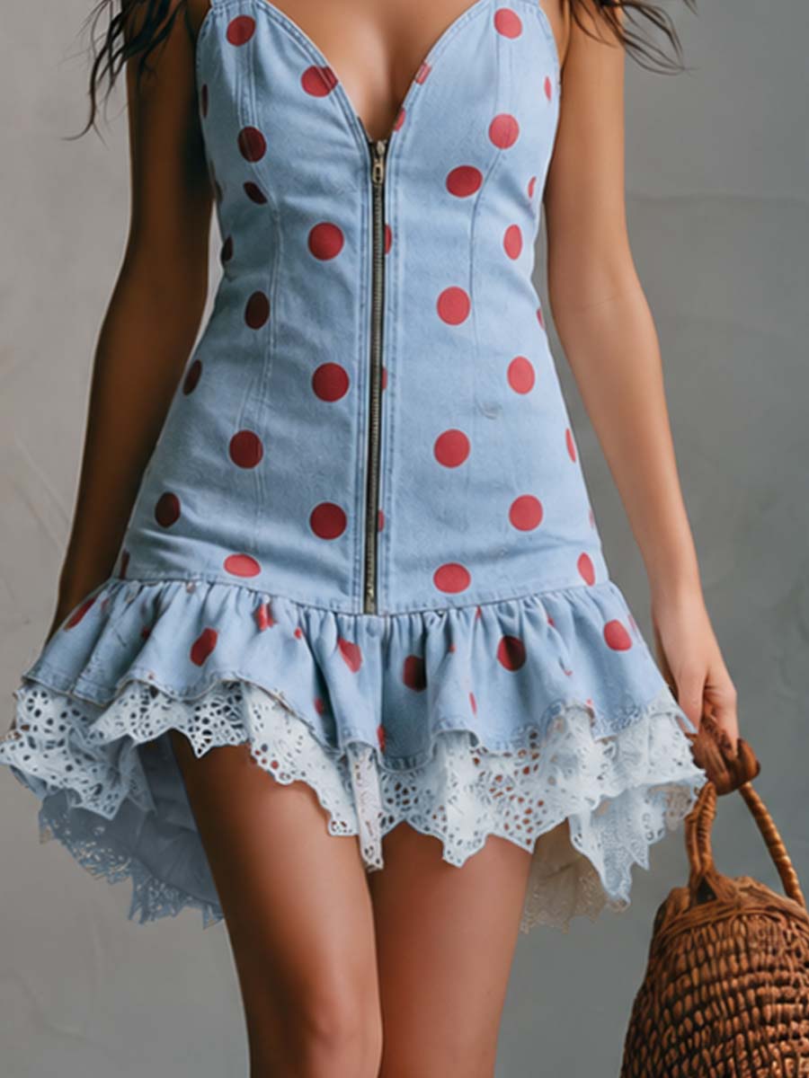 Vintage Fashion V-neck Front Zipper Lace Ruffled Hem Light Blue Denim Mini Dress  - By Qivii