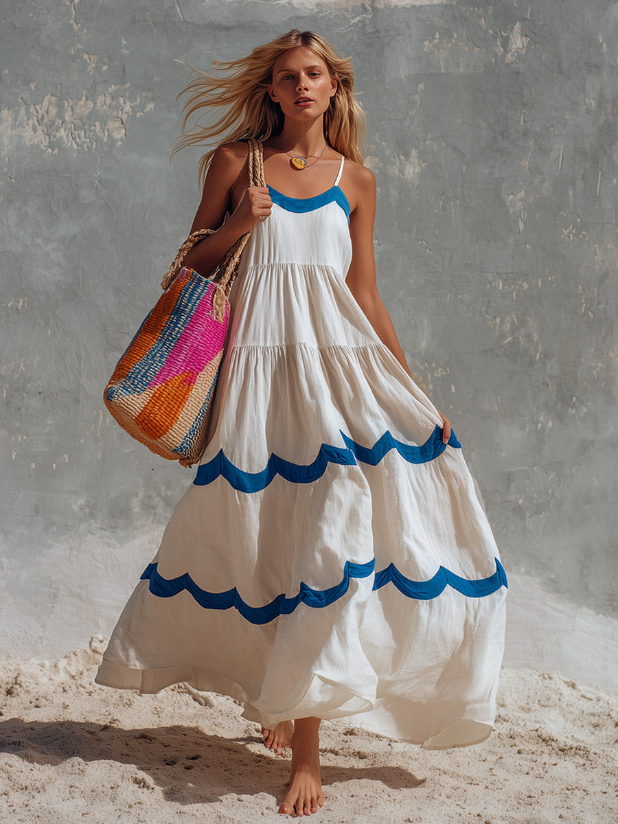 Retro Color-block Wavy Trim Off-white Cotton Camisole Maxi Dress  - By Qivii
