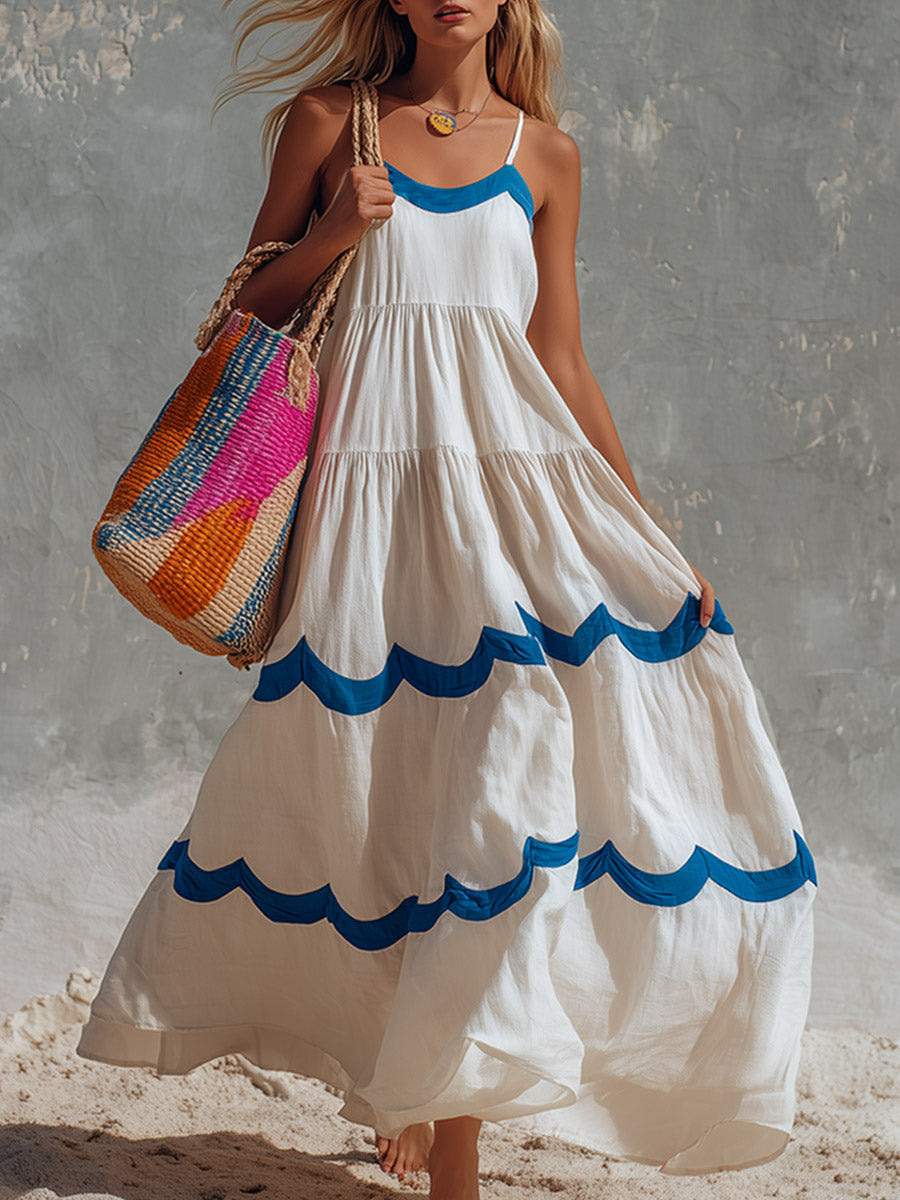 Retro Color-block Wavy Trim Off-white Cotton Camisole Maxi Dress  - By Qivii