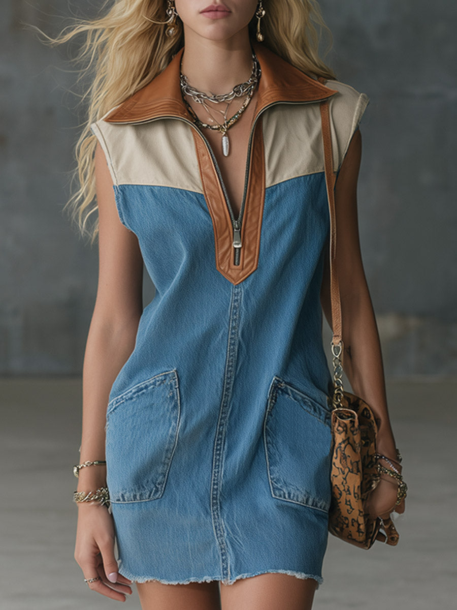 Casual-chic Blue Denim And PU Collared Mini Dress  - By Qivii
