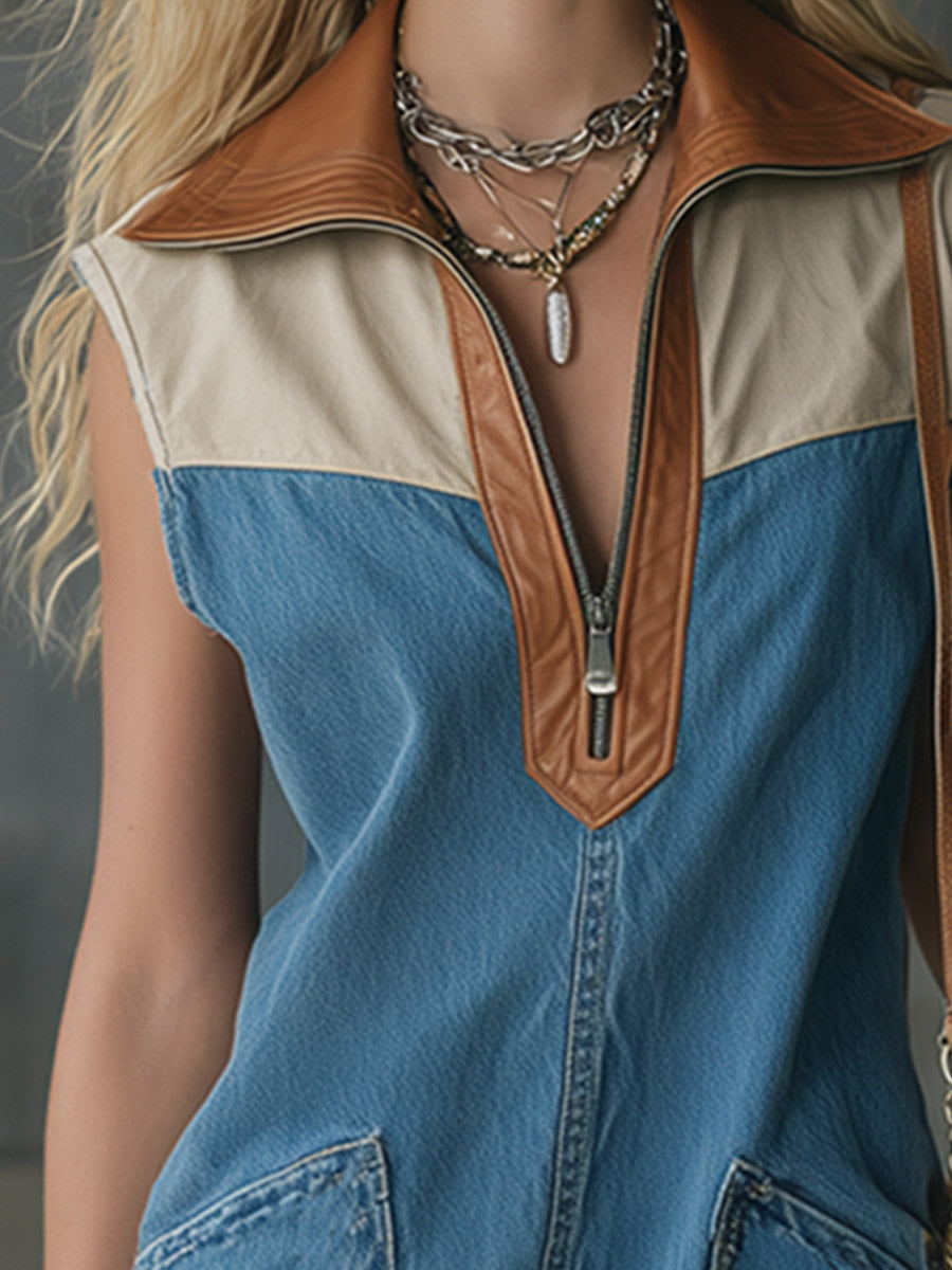 Casual-chic Blue Denim And PU Collared Mini Dress  - By Qivii
