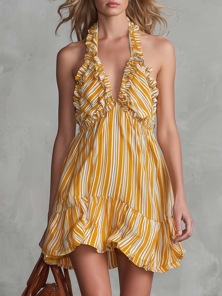 Vintage Vacation Halter-neck V-neck Ruffled Light Yellow Striped Chiffon Mini Dress  - By Qivii