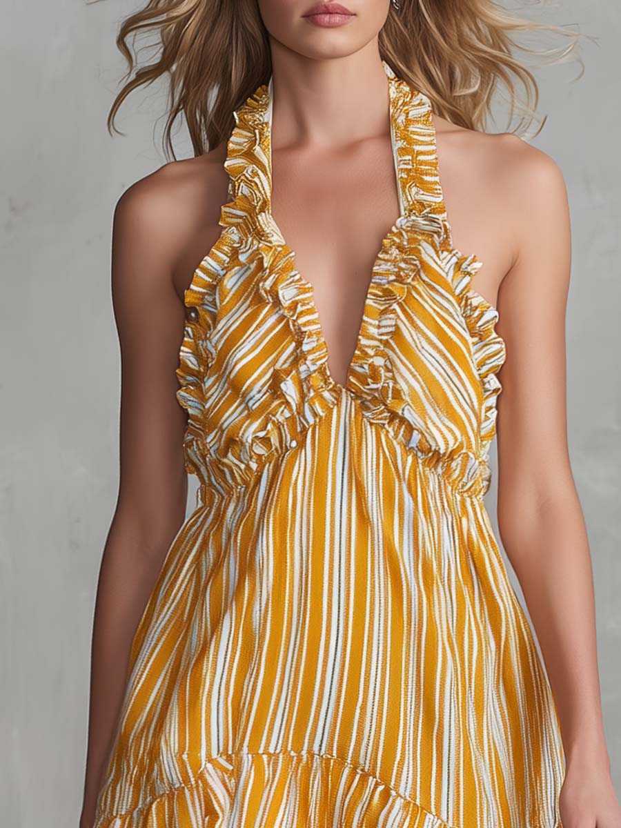 Vintage Vacation Halter-neck V-neck Ruffled Light Yellow Striped Chiffon Mini Dress  - By Qivii