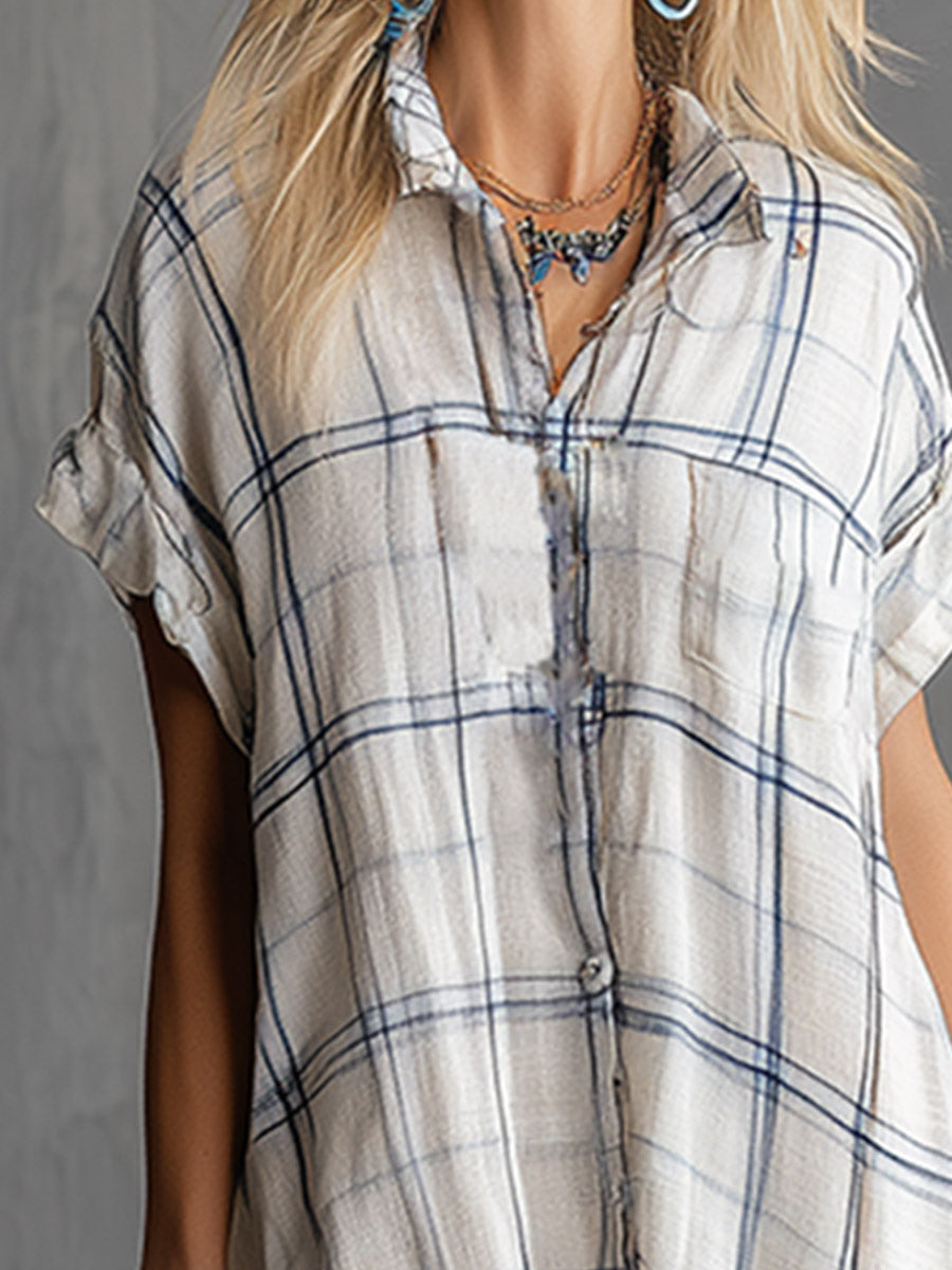 Elegant And Casual White Plaid-print Cotton-linen Short-sleeve Maxi Dress  - By Qivii