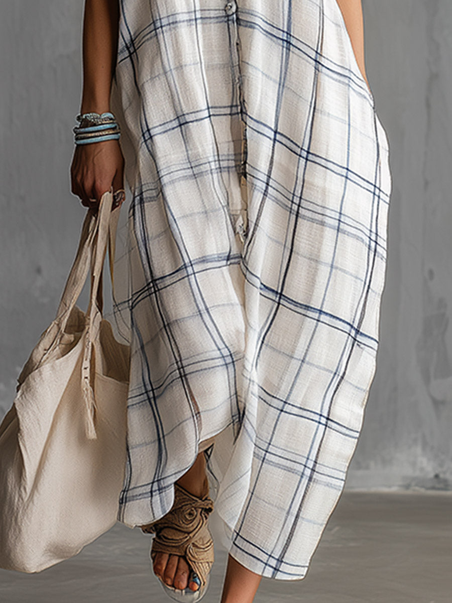 Elegant And Casual White Plaid-print Cotton-linen Short-sleeve Maxi Dress  - By Qivii