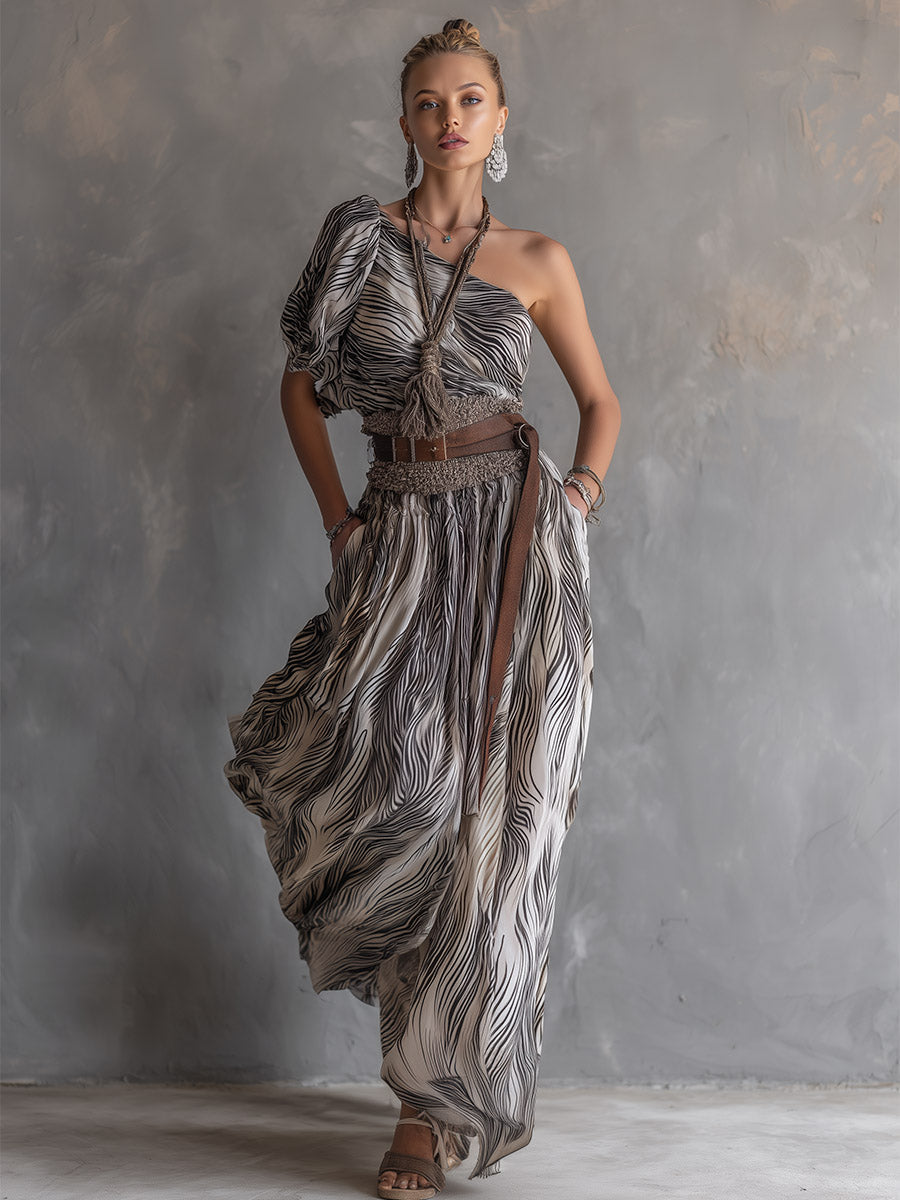Vintage-style Western White Abstract-stripe One-shoulder Chiffon Maxi Dress  - By Qivii