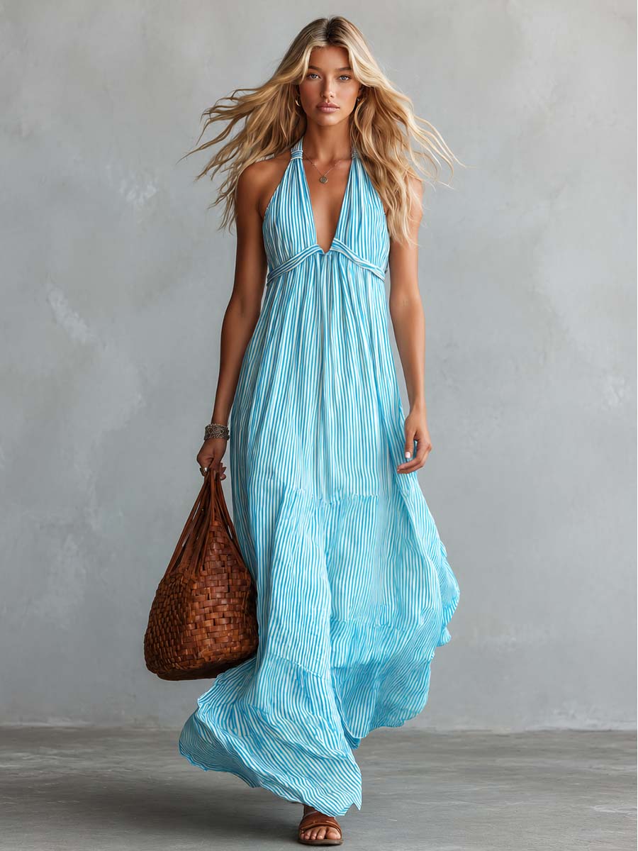 Flowy Stylish Halter V-neck Light Blue Striped Maxi Dress  - By Qivii