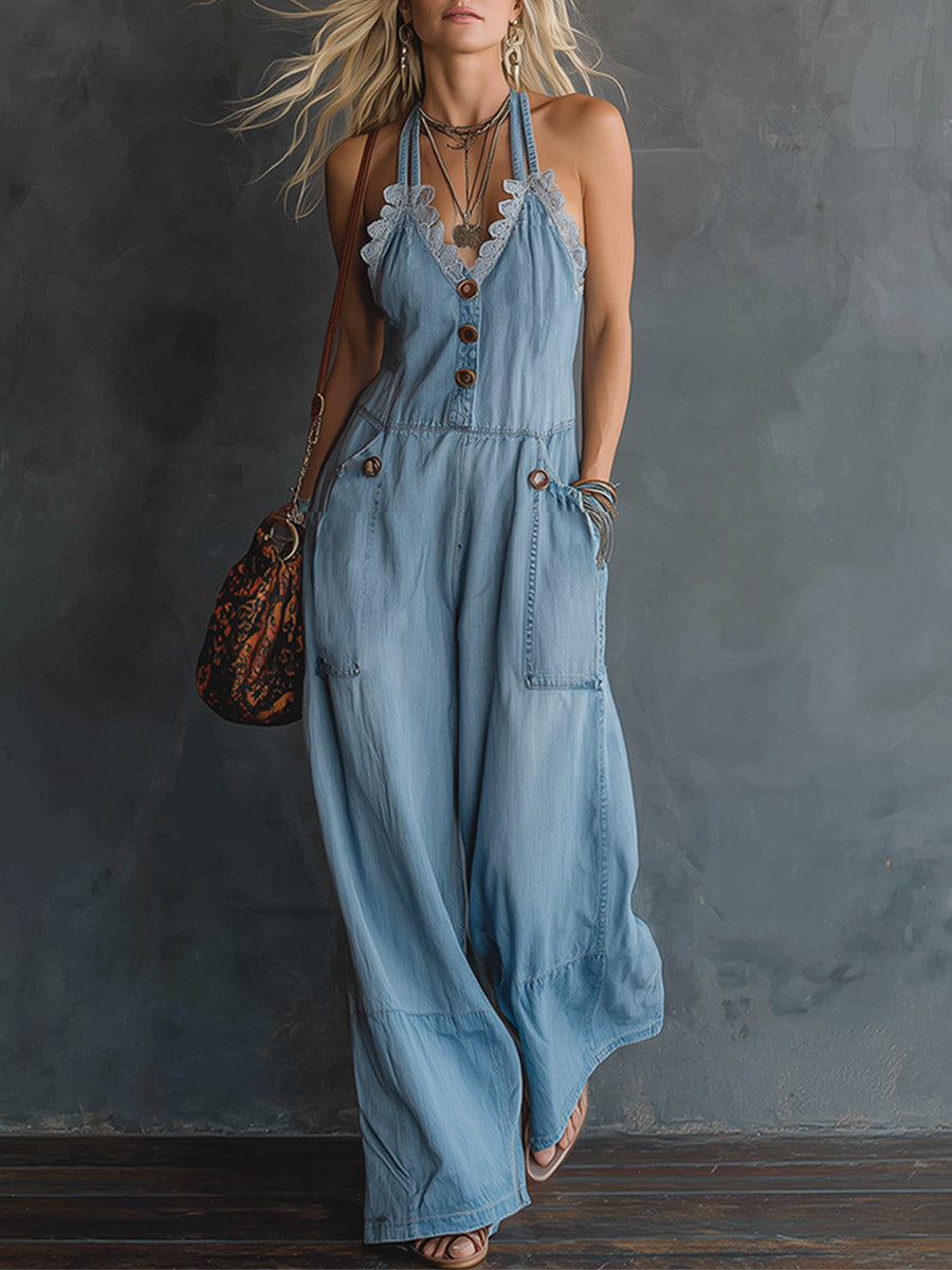 Retro-style Lace-trimmed Light Blue Denim Sleeveless Jumpsuit  - By Qivii