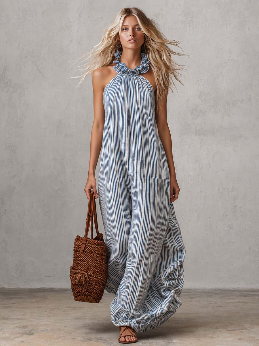 Retro Casual Vacation Halter Neck With Ruffle Detail Light Blue Striped Maxi Dress  - By Qivii