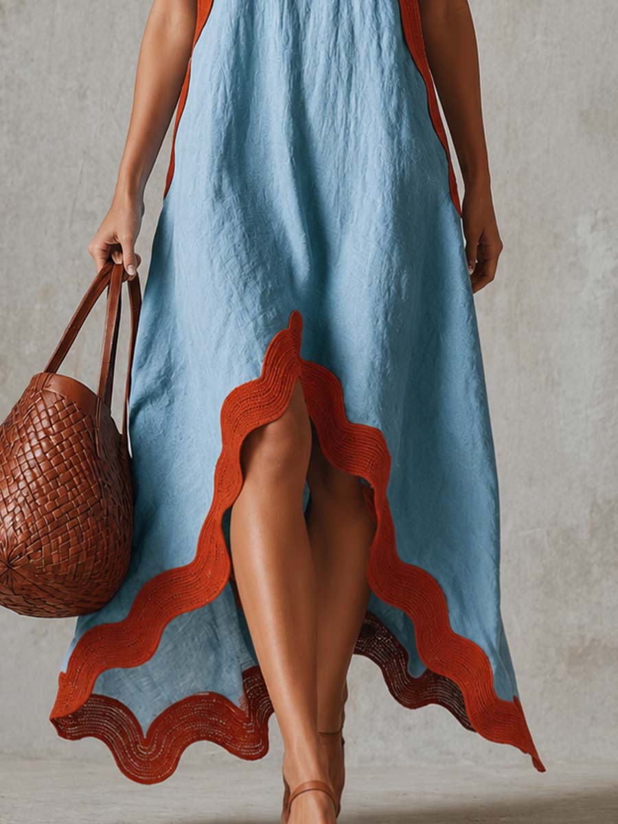 Vacation-Style V-neck And Red Wavy Trim Light Blue Cotton-linen Maxi Dress  - By Qivii