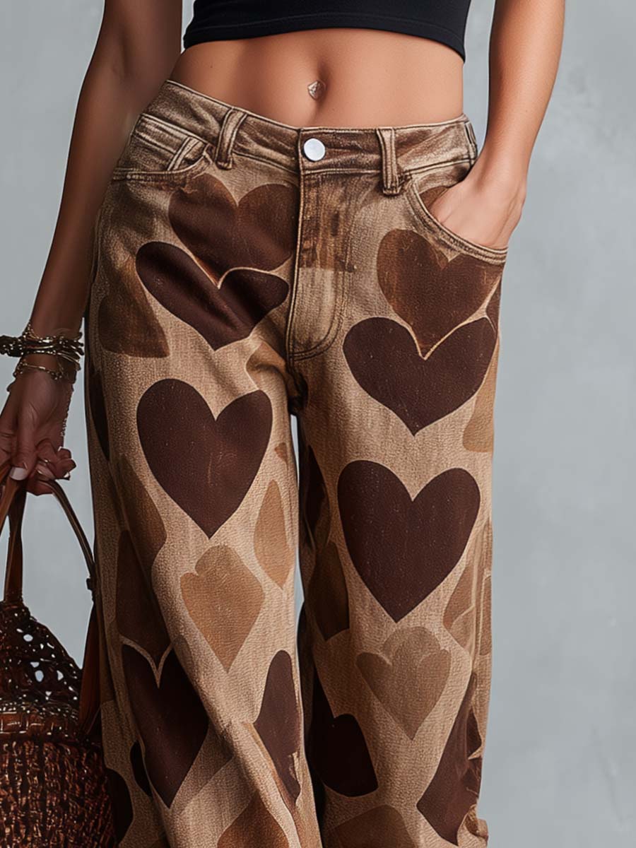 Retro Casual Heart Pattern Versatile Light Brown Denim Pants  - By Qivii