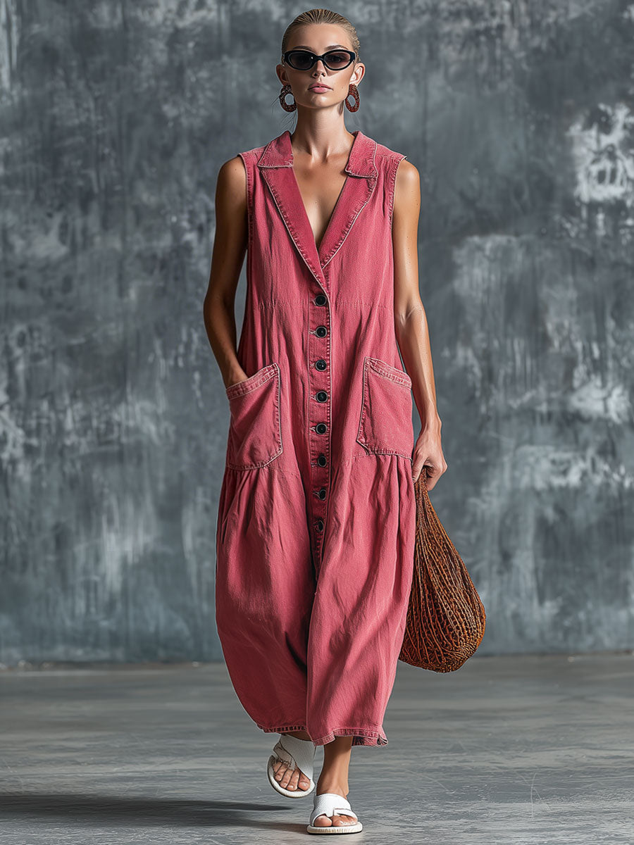 Casual Retro Pink Denim Sleeveless Midi Dress  - By Qivii