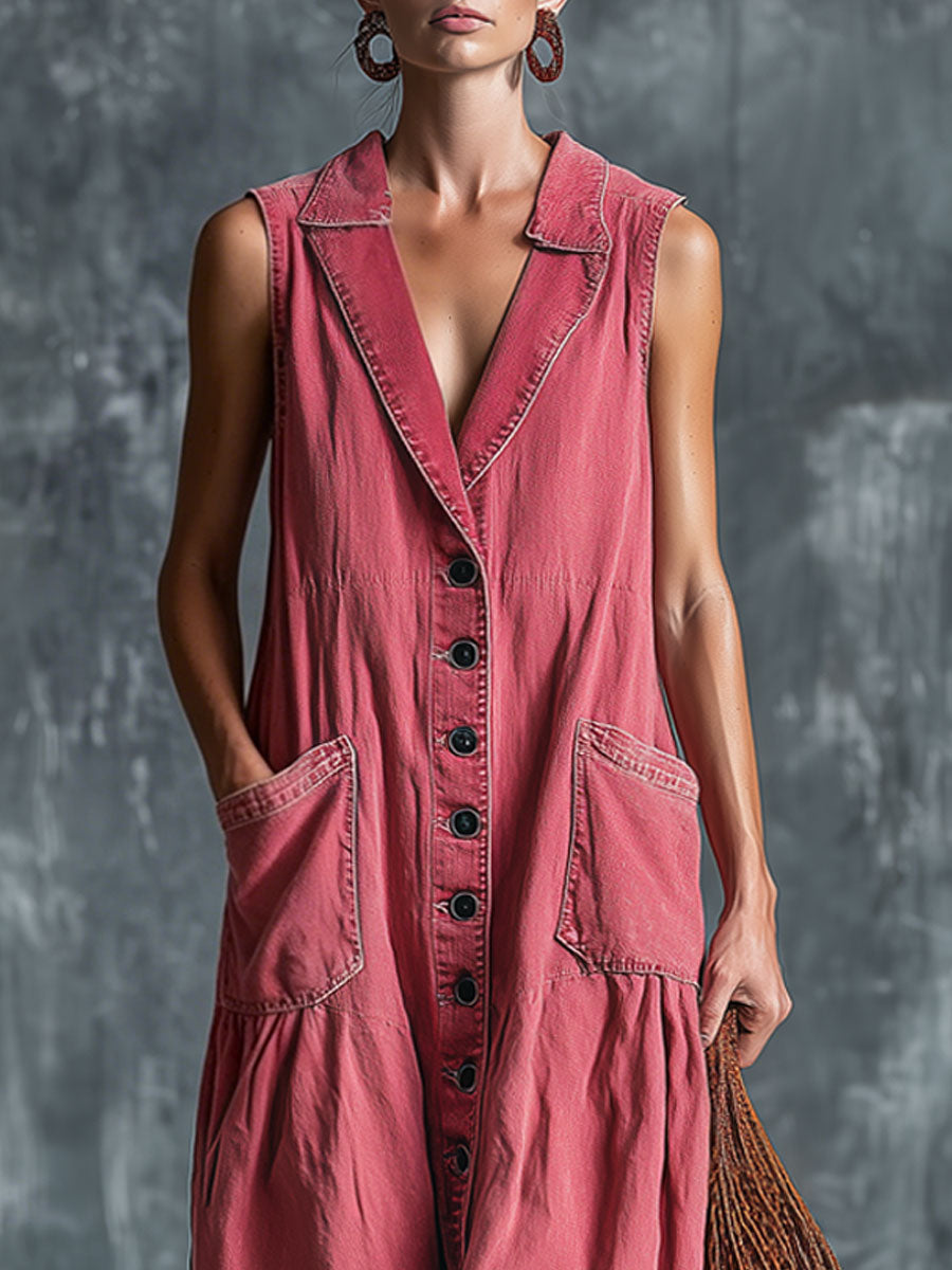 Casual Retro Pink Denim Sleeveless Midi Dress  - By Qivii
