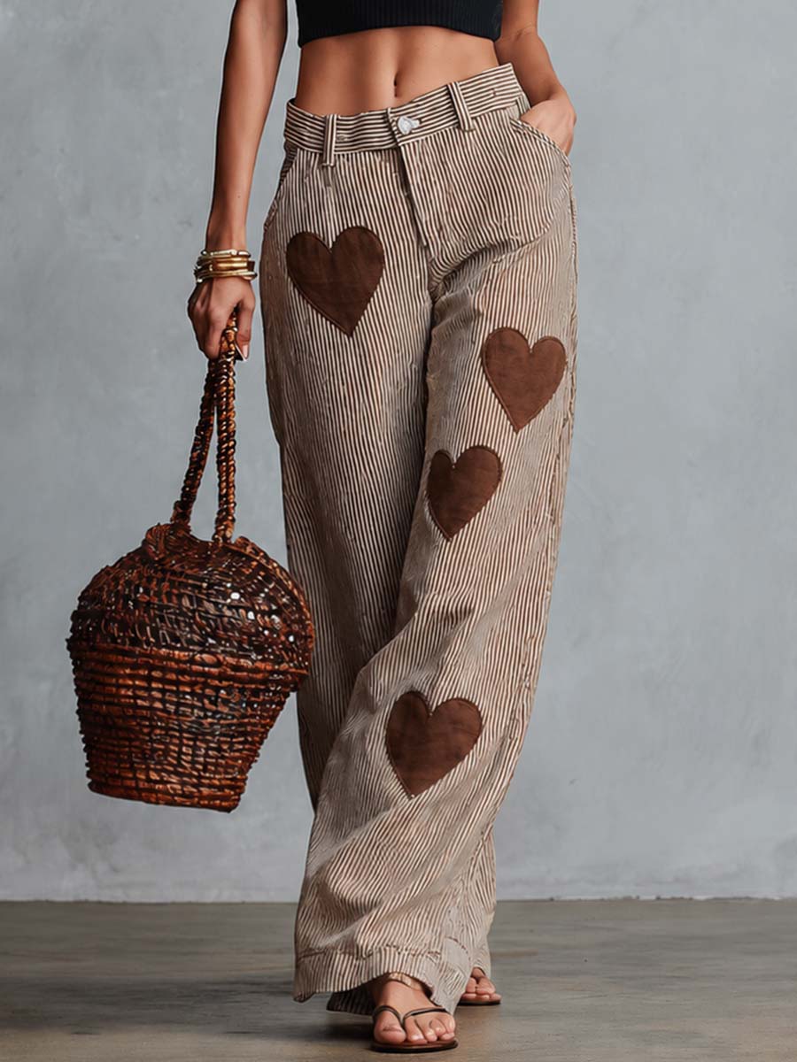 Retro Casual Comfortable Heart Pattern Brown Striped Pants  - By Qivii