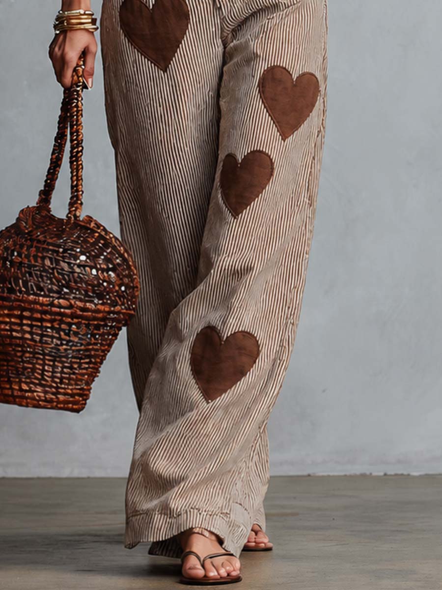 Retro Casual Comfortable Heart Pattern Brown Striped Pants  - By Qivii