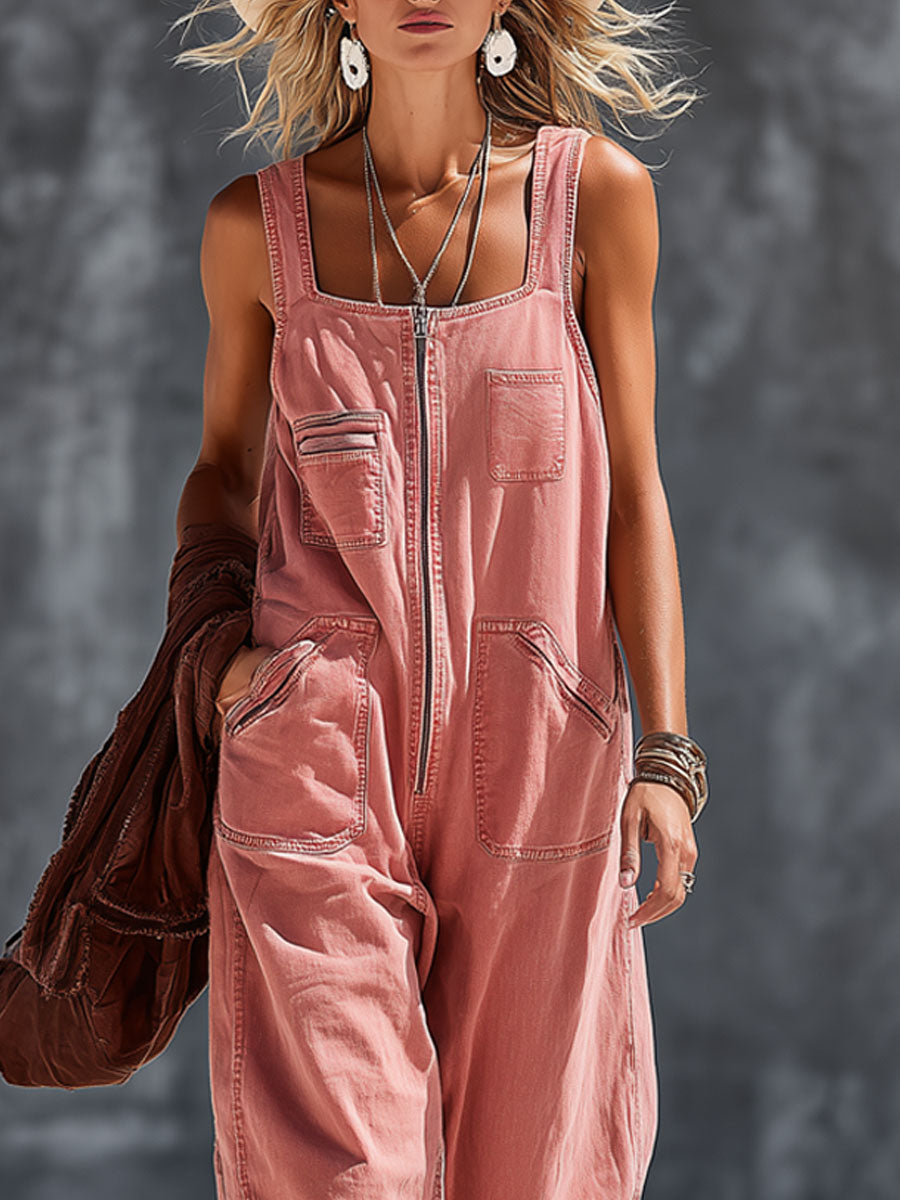 Western-style Retro Pink Denim Sleeveless Zip-up Jumpsuit  - By Qivii