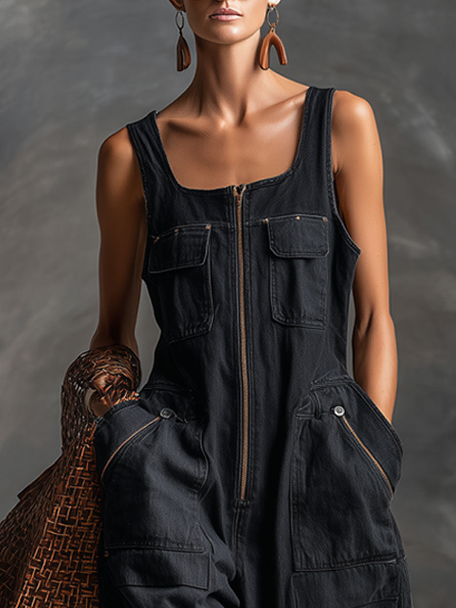 Casual Retro Black Denim Sleeveless Zip-up Jumpsuit  - By Qivii