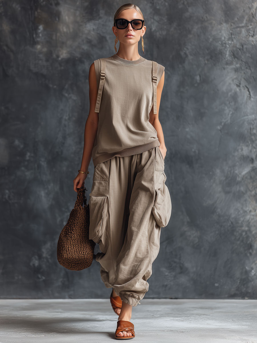Retro Gray Cotton Sleeveless Sweatshirt And Cargo Pants Set  - By Qivii