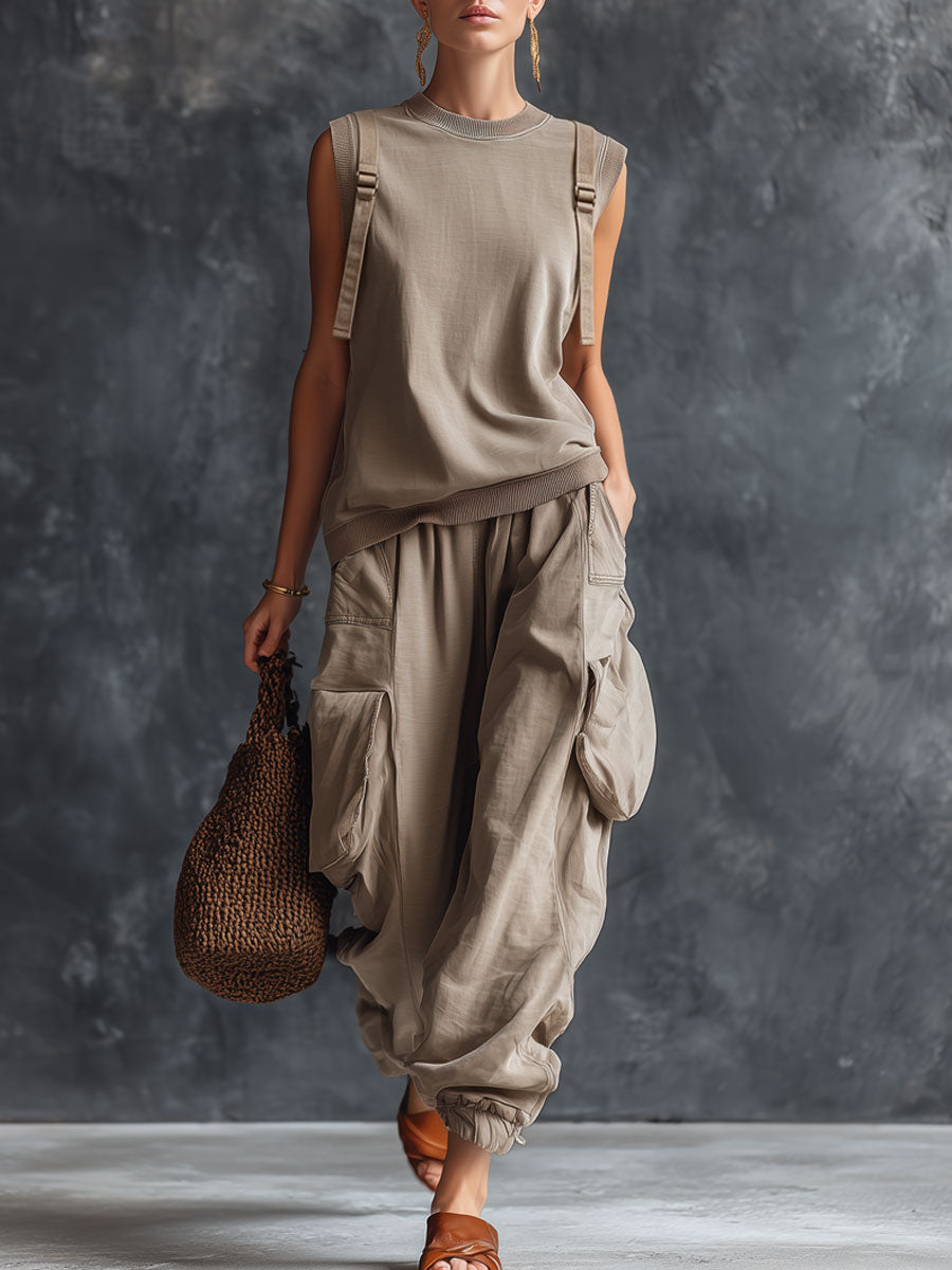 Retro Gray Cotton Sleeveless Sweatshirt And Cargo Pants Set  - By Qivii