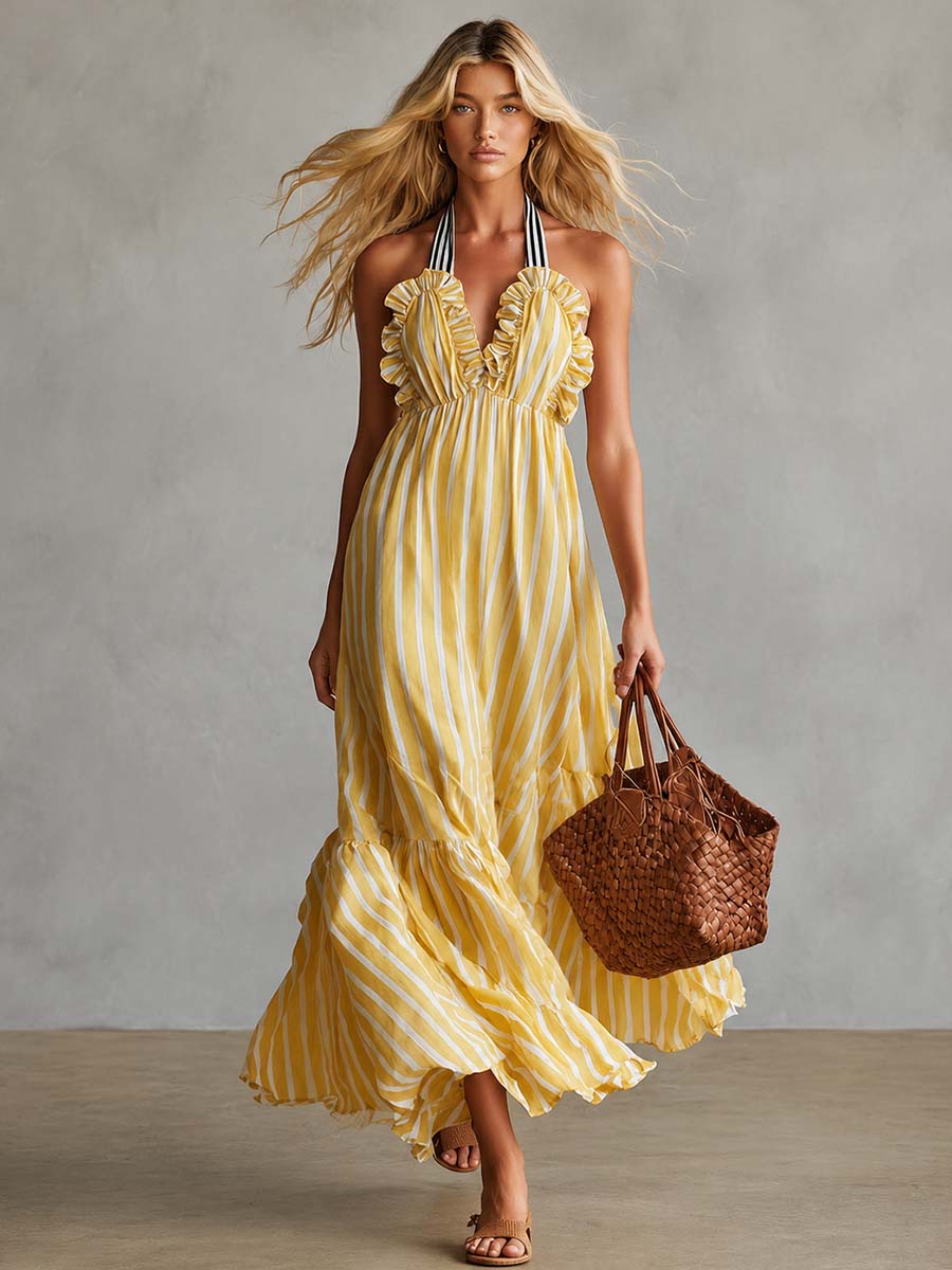 Vintage-style Vacation Halter-neck Ruffled Light Yellow Striped Chiffon Maxi Dress  - By Qivii