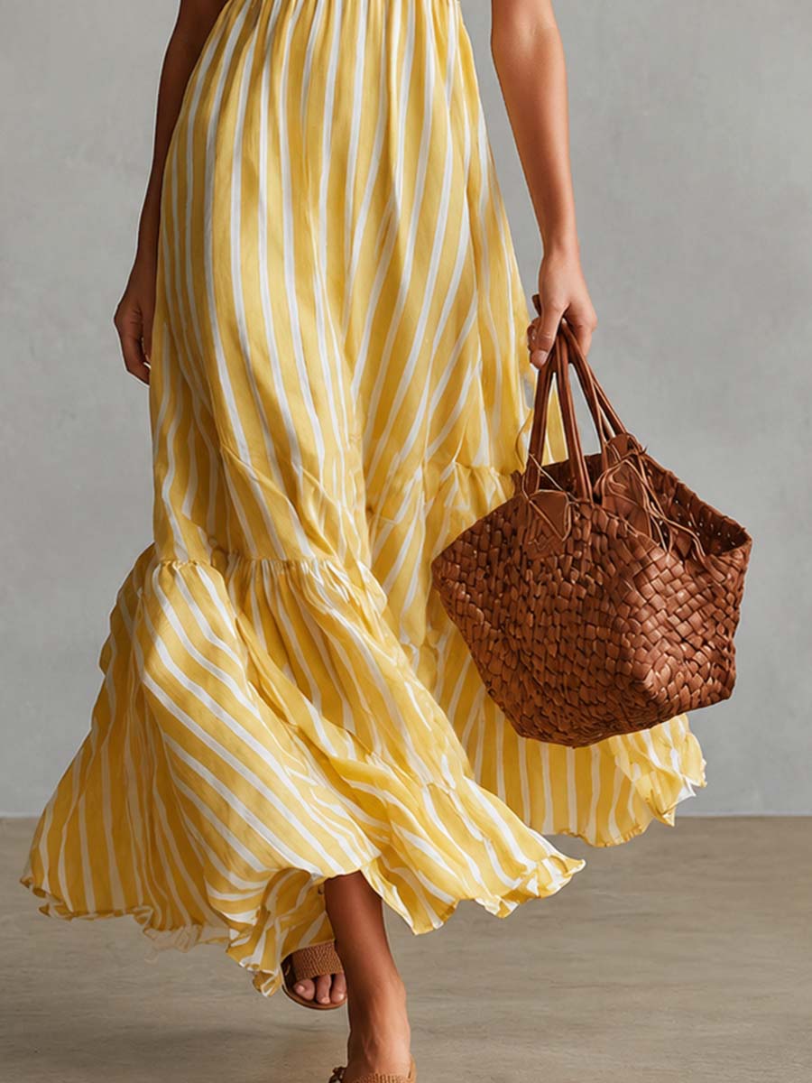 Vintage-style Vacation Halter-neck Ruffled Light Yellow Striped Chiffon Maxi Dress  - By Qivii