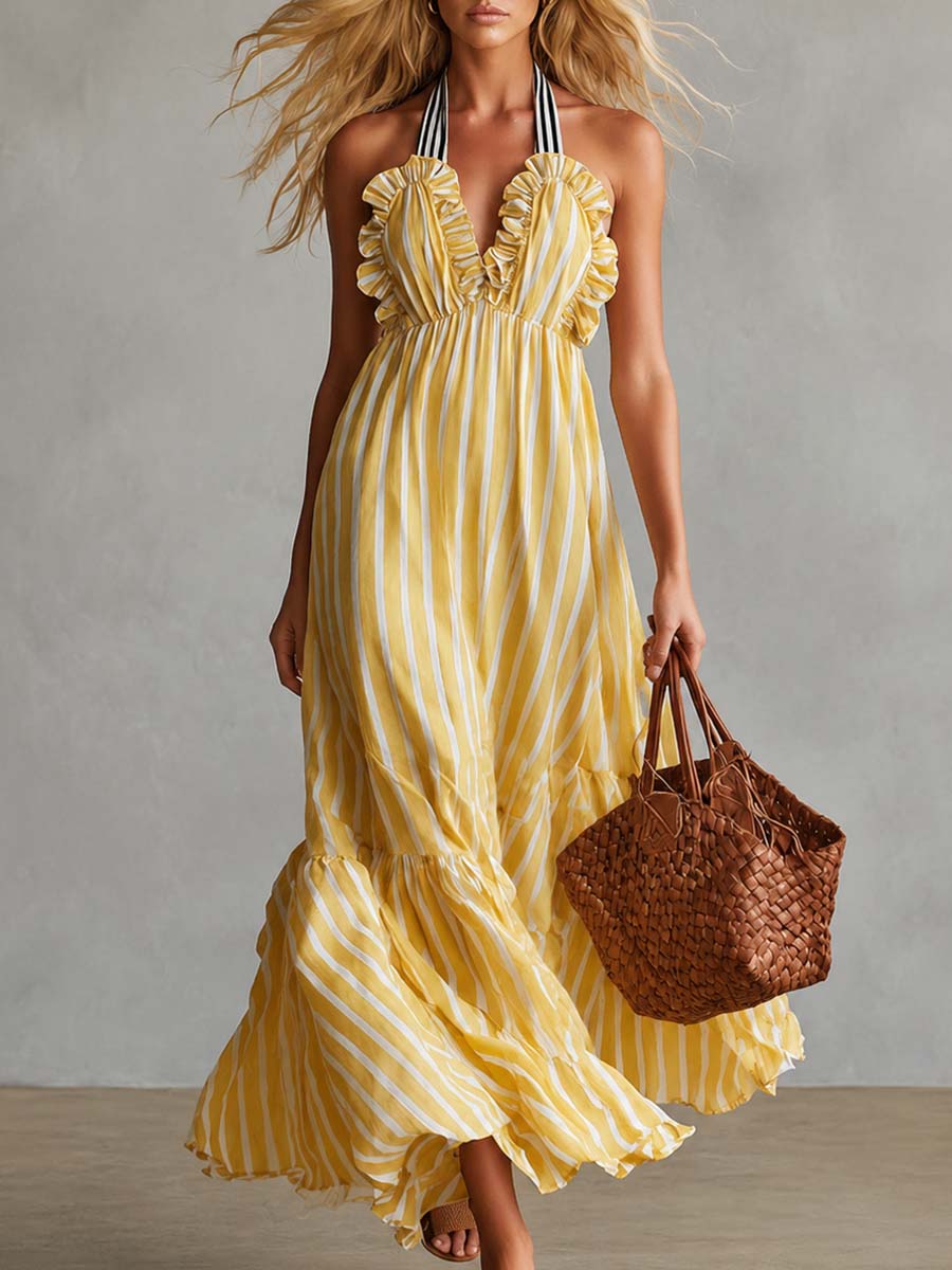 Vintage-style Vacation Halter-neck Ruffled Light Yellow Striped Chiffon Maxi Dress  - By Qivii