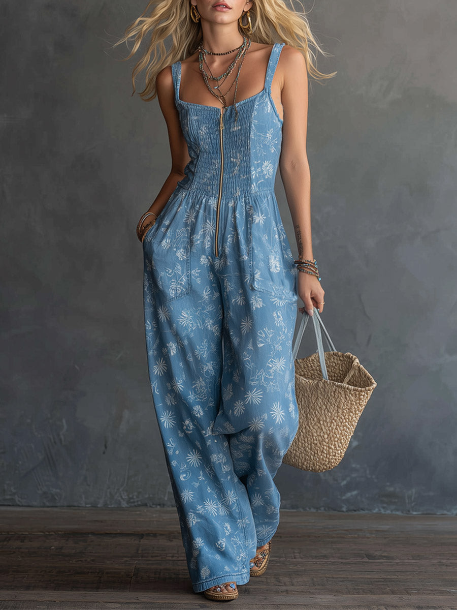 Vintage-inspired Romantic Blue Denim Floral Print Square-neck Jumpsuit  - By Qivii