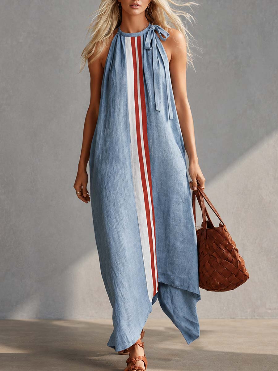 Casual Fashion Round Neck With Ties Contrast Light Blue Cotton-linen Maxi Dress  - By Qivii