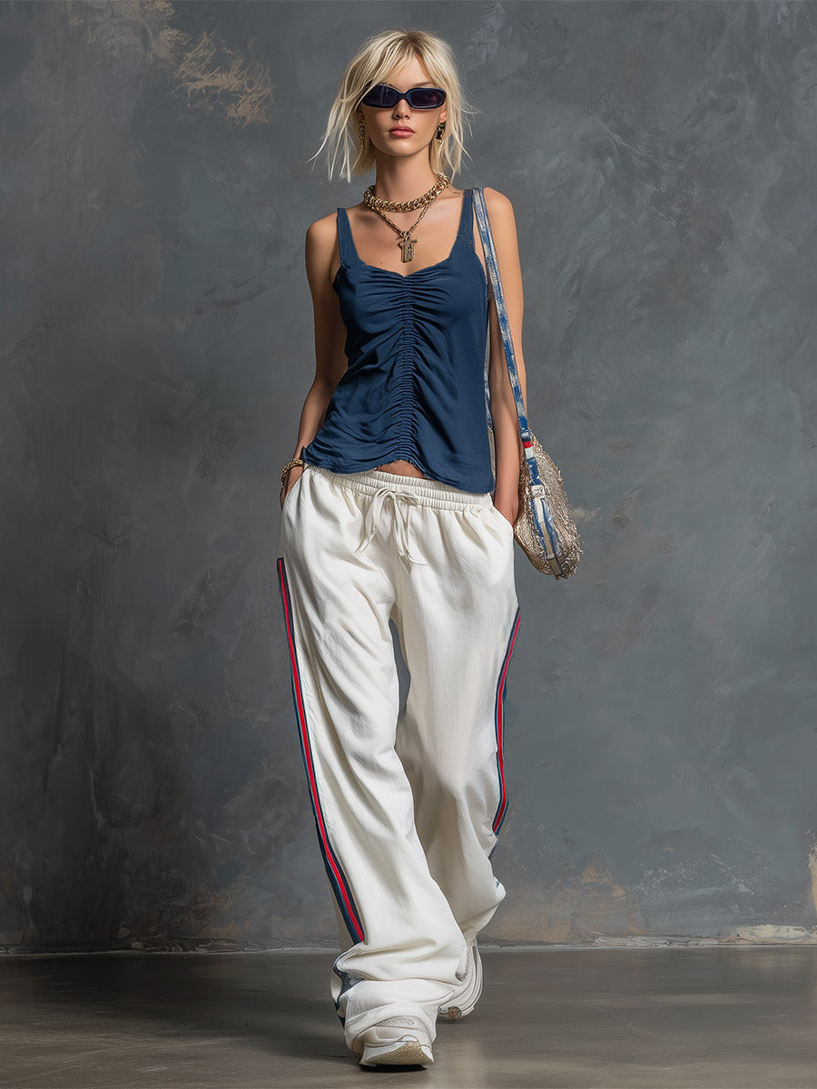 Casual-sporty Navy Blue Pleated Sleeveless Top And White Wide-leg Trousers Set  - By Qivii