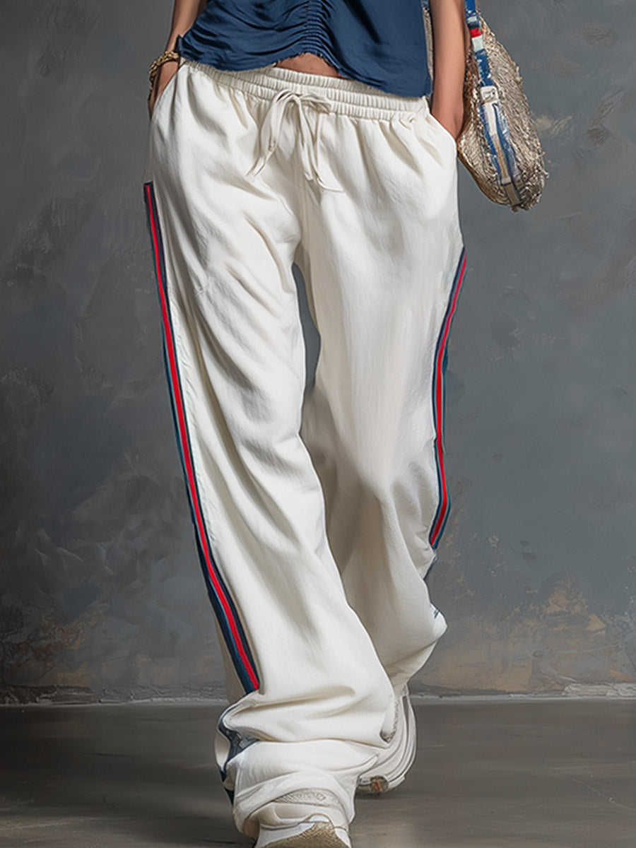 Casual-sporty Navy Blue Pleated Sleeveless Top And White Wide-leg Trousers Set  - By Qivii