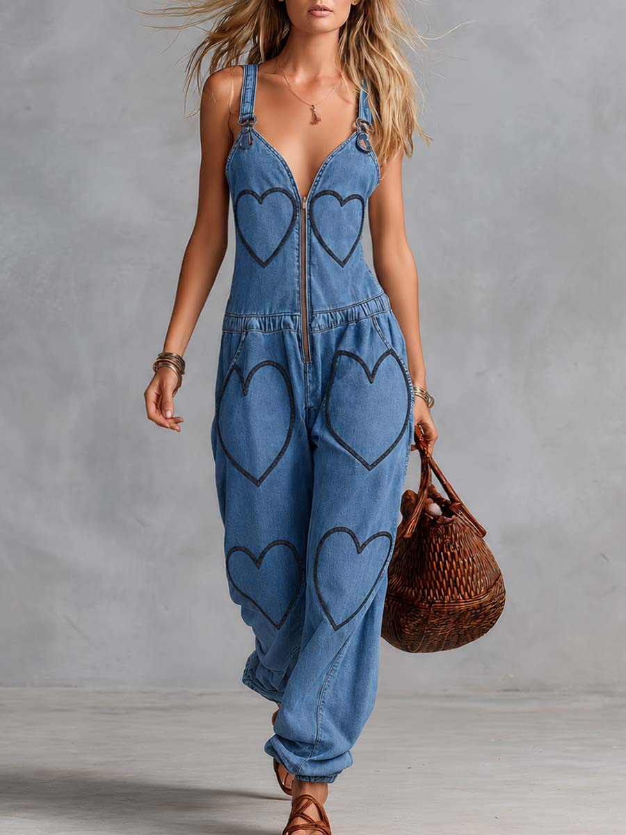 Personality Casual V-neck Front Zipper Heart Embroidery Blue Denim Jumpsuit  - By Qivii