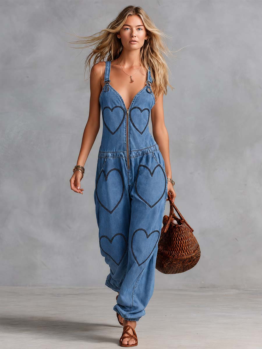 Personality Casual V-neck Front Zipper Heart Embroidery Blue Denim Jumpsuit  - By Qivii