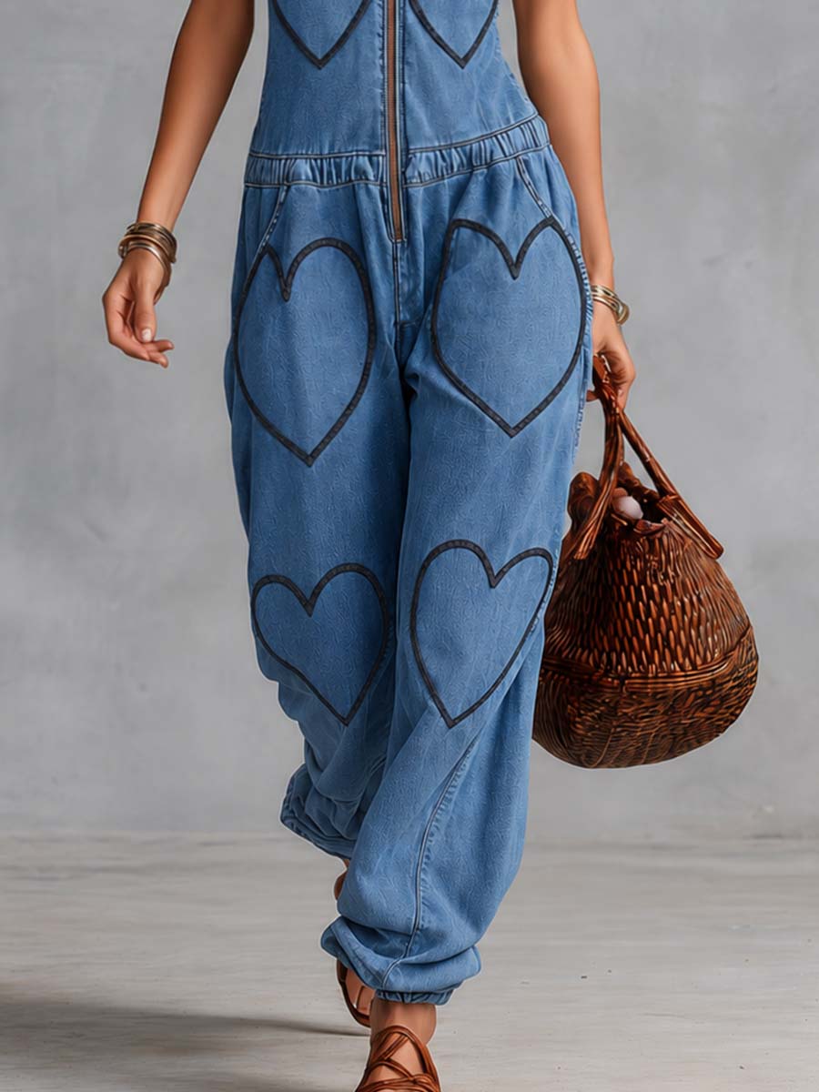 Personality Casual V-neck Front Zipper Heart Embroidery Blue Denim Jumpsuit  - By Qivii