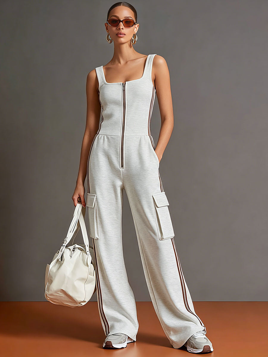 Sporty Retro Striped Webbing Grey And White Cotton Square Neck Zipper Sleeveless Jumpsuit  - By Qivii