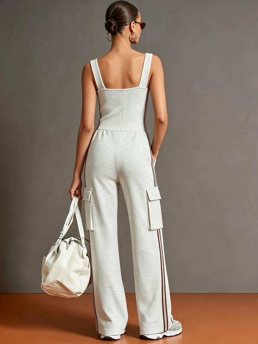Sporty Retro Striped Webbing Grey And White Cotton Square Neck Zipper Sleeveless Jumpsuit  - By Qivii