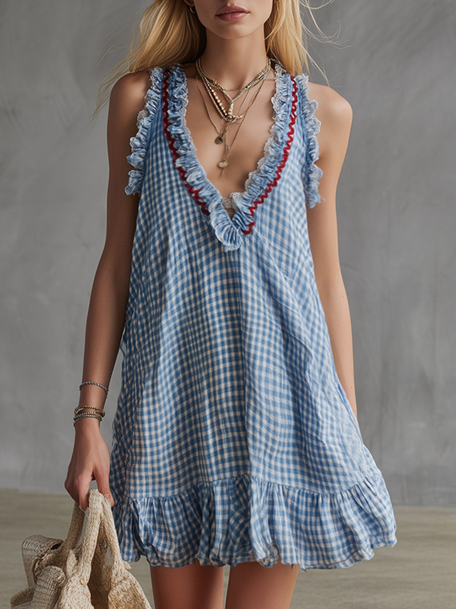 Casual-Chic Ruffled Blue Check Cotton-Linen Mini Dress  - By Qivii